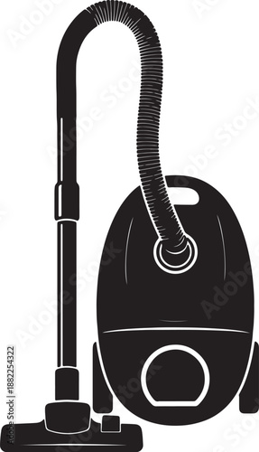 Black and white vacuum cleaner with hose and attachments also transparent background