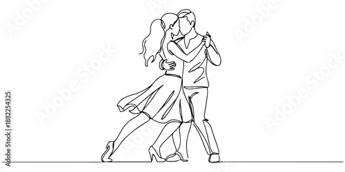 Continuous one-line drawing of a dancing couple, a graceful romantic gesture. Line art style vector illustration.