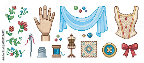 Pixel art collection of vintage dressmaking tools featuring an ornate corset, wooden hand, floral embroidery, and fabric in a retro game style