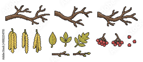 Pixel art set of tree branches, leaves, berries, and catkins for a retro video game design, showing various botanical elements in an 8-bit style constructor kit illustration