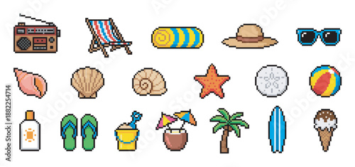 Collection of colorful pixel art beach icons including a radio, chair, towel, hat, sunglasses, shells, and ice cream in a retro 8-bit video game style illustration set