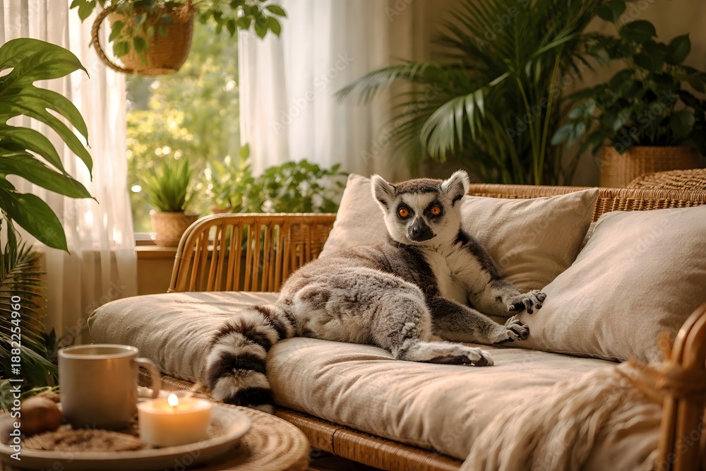Fototapeta premium Cozy Lemur Relaxing on Rattan Sofa in Sunlit Living Room with Plants