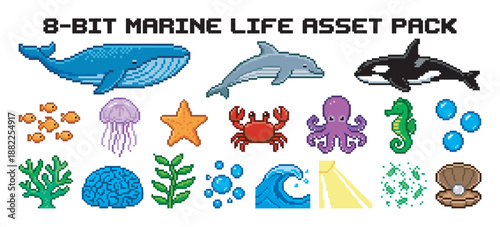 Collection of colorful 8-bit pixel art marine life icons featuring a whale, dolphin, orca, octopus, and other sea creatures for a retro video game