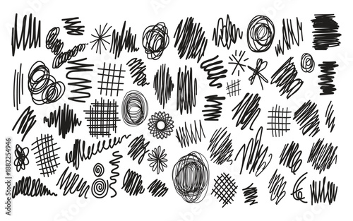 Collection of diverse black scribbles and doodles on white background