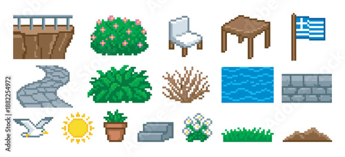 Collection of pixel art game assets featuring various sprites and tiles like a cliff, plants, furniture, a flag, and natural elements for creating a retro 8-bit video game