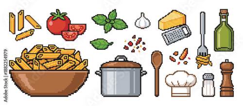 Pixel art collection of Italian pasta ingredients and cooking utensils in a retro 8-bit video game style, featuring penne, tomato, basil, cheese, and a cooking pot