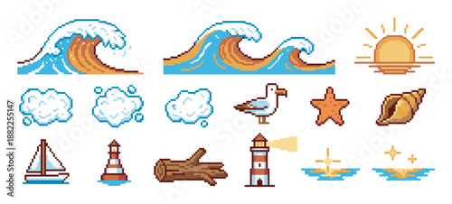 Set of pixel art sea icons featuring waves, a sun, clouds, a seagull, a starfish, a seashell, a sailboat, and a lighthouse in a retro 8-bit video game style