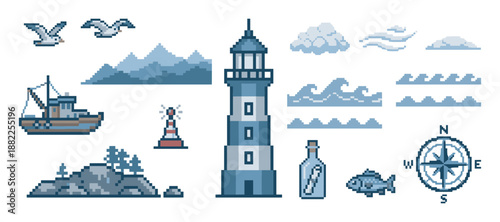 Set of nautical pixel art icons including a lighthouse, fishing boat, compass, seagulls, and waves, rendered in a retro 8-bit video game style with a cool blue color palette