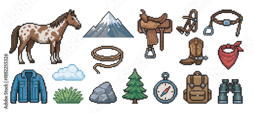 Pixel art western adventure icon set featuring a spotted horse, saddle, cowboy boot, mountain, and other outdoor exploration items for a retro video game aesthetic