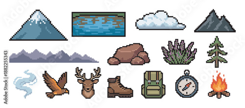 Set of pixel art icons for hiking and camping featuring a mountain, deer, backpack, compass, and campfire in a retro 8-bit video game style for adventure themes