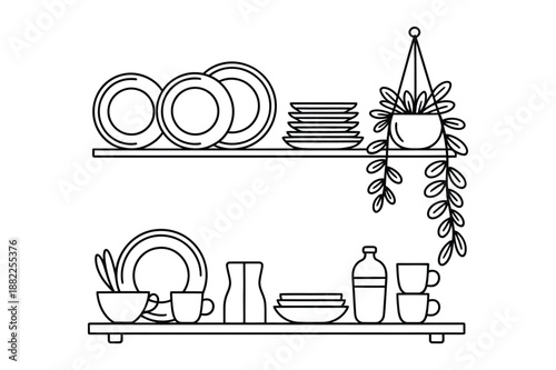 Modern kitchen shelves line art with dishes and plants