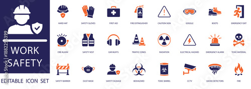 Work Safety Icon Set. featuring industrial protection, hard hat, first aid, fire extinguisher, biohazard, radiation, and emergency exit concepts