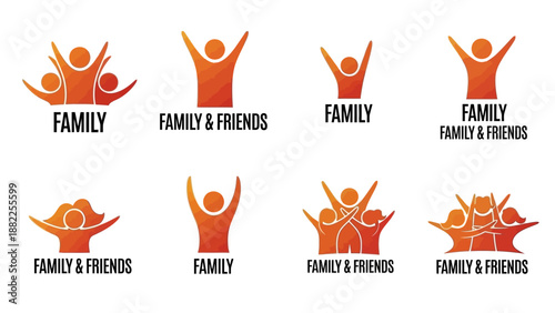 Orange stylized family and friends logos with text for various design concepts