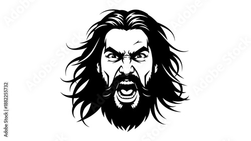 Intense face with long hair and beard isolated on white background