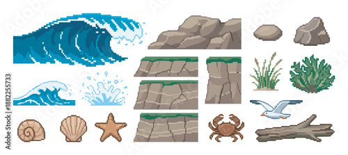 Pixel art seaside game asset collection featuring waves, cliffs, shells, a crab, and a seagull for creating a retro 8-bit video game environment or level design