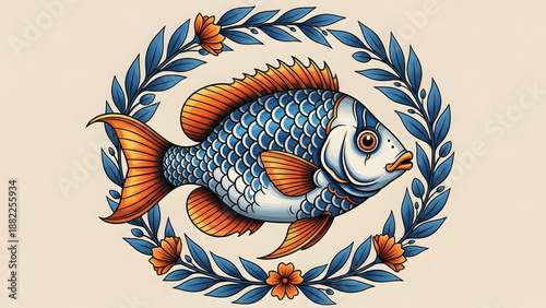 Stylized Fish within Floral Wreath image stock