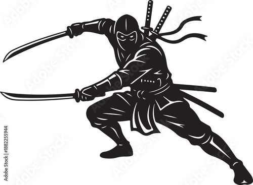 A powerful black silhouette of a ninja in an attacking stance wielding two sharp swords