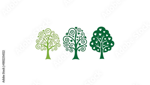 Three stylized green trees with heart shaped leaves on a white background