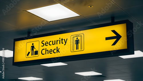 Yellow illuminated airport security check sign with directional arrow and icons image photo
