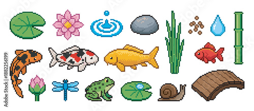 Pixel art pond life icon set with koi fish, a frog, a lotus flower, and other garden elements in a retro 8-bit video game style for creative projects