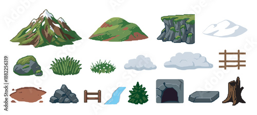 Pixel art game assets collection featuring nature elements like mountains, rocks, grass, trees, and clouds for creating a retro 8-bit or 16-bit video game world