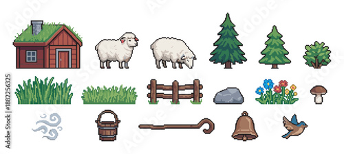 Pixel art game asset set of rural farm elements including a sod roof house, sheep, trees, fence, flowers, and other rustic items for a retro video game design