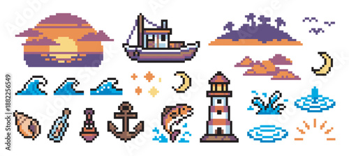 Set of pixel art nautical icons featuring a fishing boat, lighthouse, anchor, sunset, and sea waves in a retro 8-bit video game style for creative digital assets