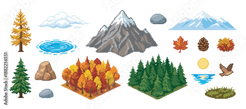 Set of pixel art nature icons and landscape elements featuring mountains, forests, trees, and rocks in a retro 8-bit video game style for creating custom outdoor scenes