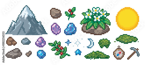 Collection of pixel art game assets featuring a mountain, gems, rocks, plants, and adventure tools for a retro-style RPG or platformer video game interface design