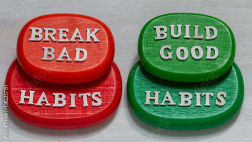 Quadro em tela Break bad habits words on red wooden blocks and build good habits words on green blocks