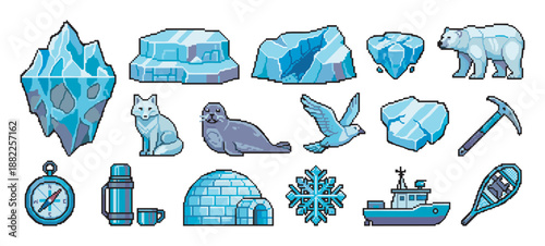 Pixel art icon set of arctic animals and expedition equipment including a polar bear, fox, seal, iceberg, igloo, and compass in a retro 8-bit video game style