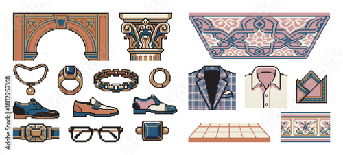 Elegant pixel art icons of classic menswear, ornate jewelry, and architectural elements, featuring a sophisticated retro 8-bit style with a muted pink, blue, and brown palette