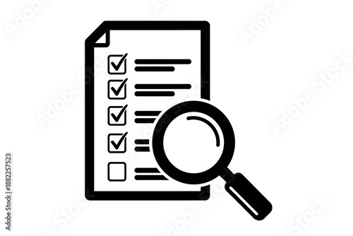A black and white line icon of a magnifying glass over a checklist document