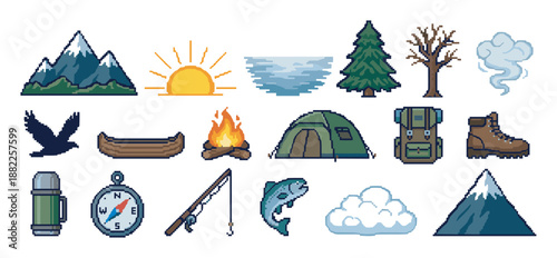 Pixel art camping and hiking icons featuring a tent, campfire, mountain, backpack, and compass in a retro 8-bit video game style for outdoor adventure themes