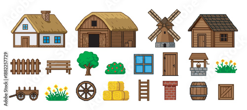 Set of rustic village pixel art elements including a windmill, thatched roof house, barn, well, and farming equipment in a retro 8-bit video game style