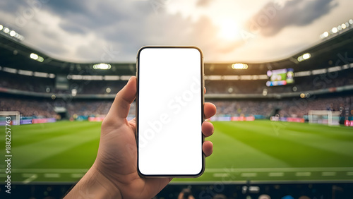 Hand holding a smartphone with blank mockup white screen at a soccer stadium during sunset mobile phone