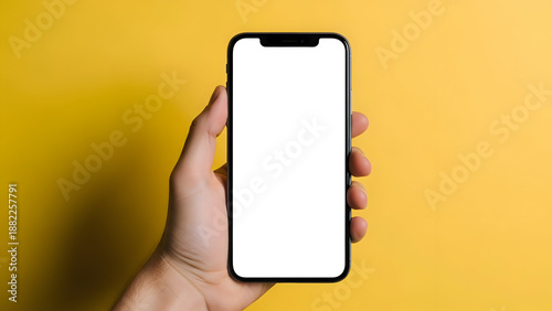 Hand Holding Smartphone with Blank mockup White Screen Against Yellow Background mobile phone cell phone
