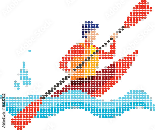 Kayaker paddling on water made of colorful dots on white background 