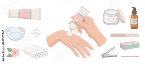 Manicure and hand care vector illustration set showing a woman applying cream with beauty tools like a nail file, clippers, buffer, and cuticle oil for a spa treatment