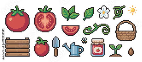 Pixel art icon set of tomatoes and gardening tools showing the life cycle from seed to jam, including a sprout, flower, vine, basket, and watering can in a retro 8-bit video game style