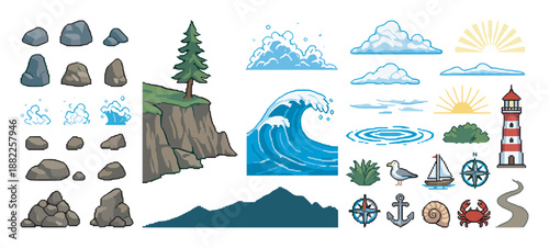 Collection of nautical pixel art sprites featuring a lighthouse, ocean wave, cliff, sailboat, crab, and other nature elements for a retro 8-bit video game design