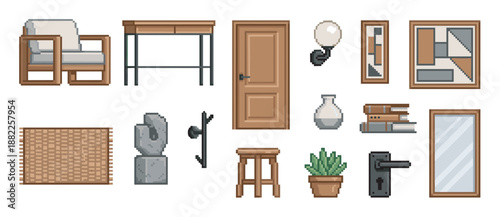 Pixel art furniture and interior decor collection featuring an armchair, table, lamp, rug, and plant, designed as 8-bit assets for a retro video game or creative project