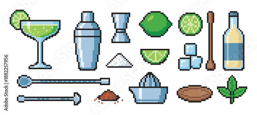 Pixel art cocktail making icon set with a margarita glass, shaker, lime, and bar tools in a retro 8-bit video game style illustration for mixology and beverage concepts