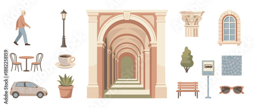 Collection of city life vector illustrations featuring an arched gallery, a walking man, a car, a cafe table, a bus stop, and other urban architectural and lifestyle elements