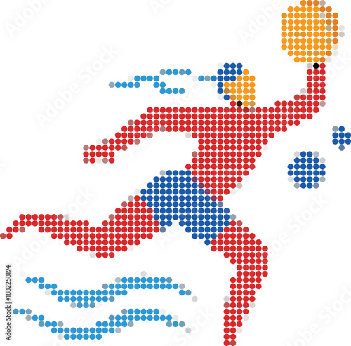 Pixelated Water Polo Player in Action with Red Blue and Orange Dots 