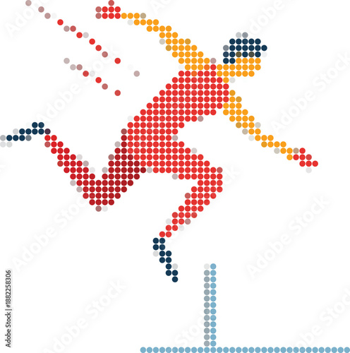 Runner jumping over hurdle in pixelated mosaic style Keywords: running, athlete, hurdle, jumping