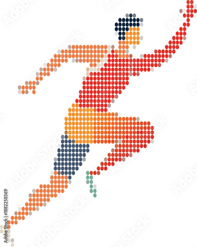 Sprinter running fast made of colorful dots on white background Keywords: sprinter, running