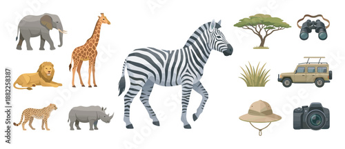 Collection of safari animal and equipment illustrations featuring a zebra, elephant, lion, giraffe, rhino, cheetah, jeep, camera, and binoculars in a flat vector style