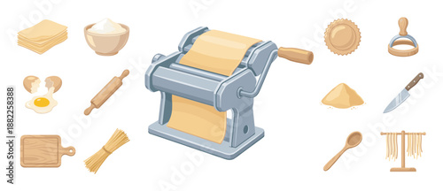 Collection of pasta making equipment and ingredients including a machine, flour, eggs, and rolling pin for homemade culinary preparation in a cartoon vector illustration style
