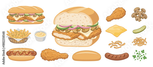 Collection of illustrated fast food items including a crispy chicken sandwich, hot dog, french fries, and various ingredients for meal creation in a clean cartoon style